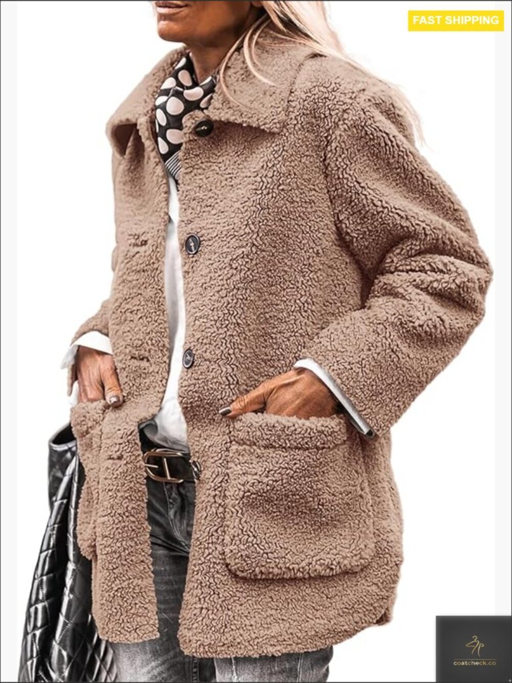 Faux Fur Coat Long Sleeve Lapel Button Down Pockets Sherpa Jacket Winter Trendy - Picture 1 of 7